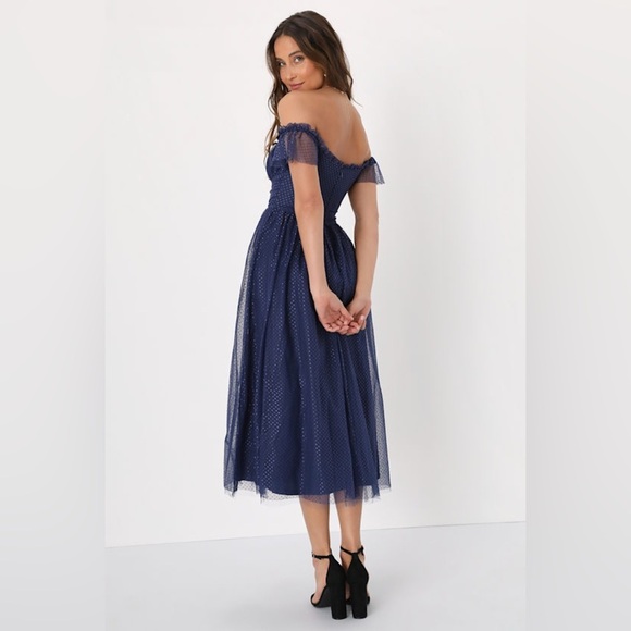 NWT Lulus Regal Radiance Navy Blue Tulle Bustier Midi Dress Latge - Picture 4 of 7